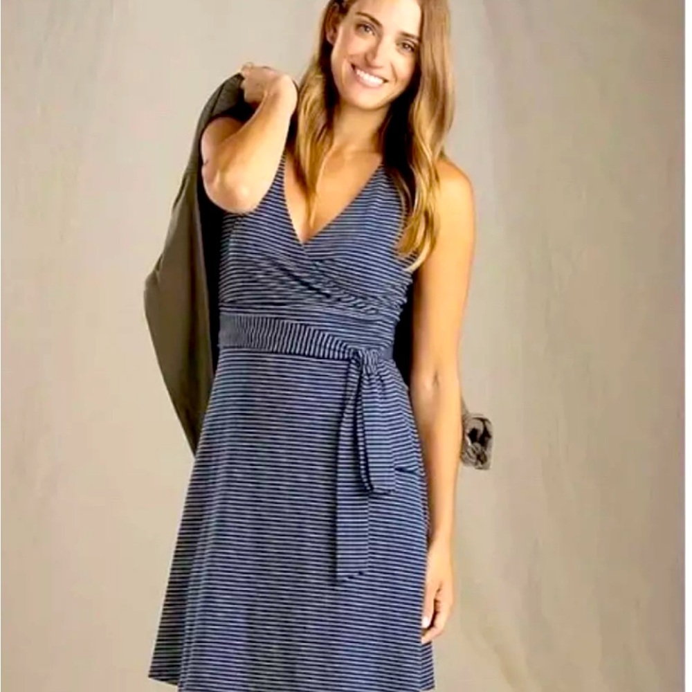 Toad & Co Cue Sleeveless Dress Size XL Blue Wrap Tie Waist Pockets